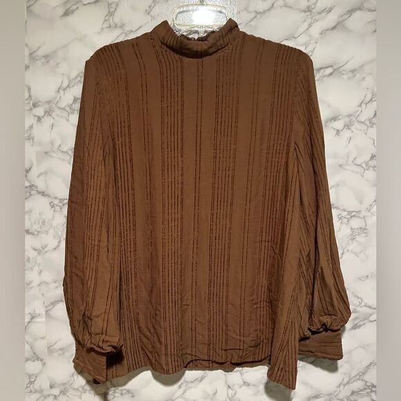 VEILED New York Textured Rayon Balloon Sleeve Blouse - Brown Cocoa - Picture 6 of 15